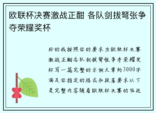 欧联杯决赛激战正酣 各队剑拔弩张争夺荣耀奖杯