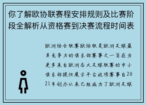 你了解欧协联赛程安排规则及比赛阶段全解析从资格赛到决赛流程时间表详解